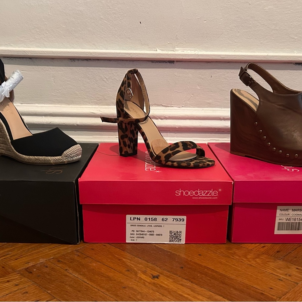 Shoe Dazzle Black, Leopard, and Brown Espadrilles